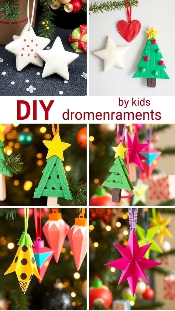 A collection of handmade Christmas ornaments including salt dough shapes, popsicle stick trees, and colorful paper decorations.